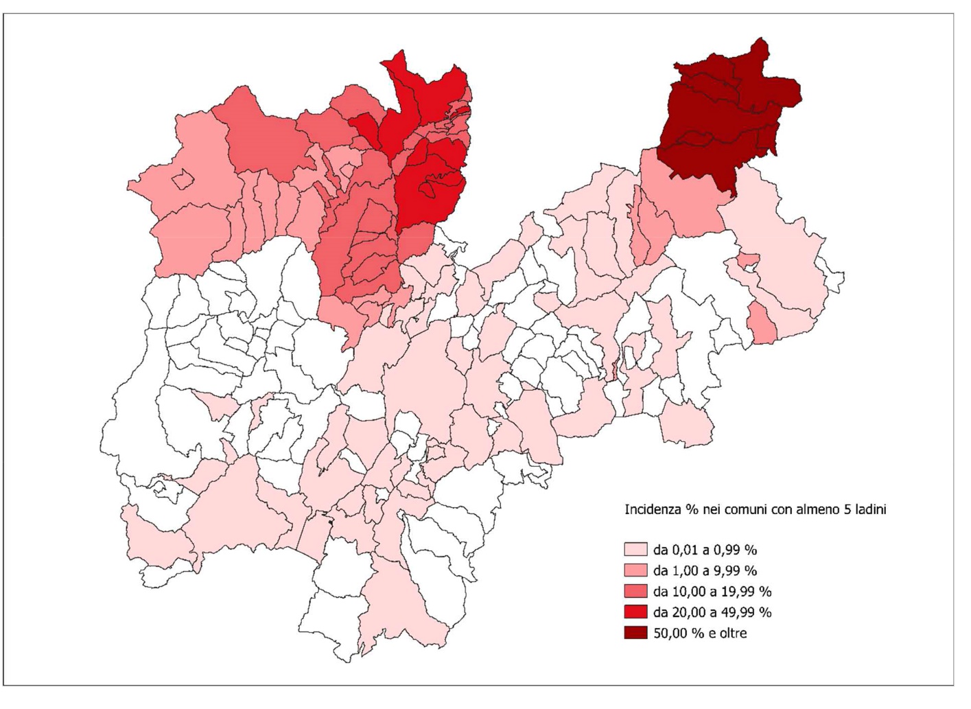 La maggioranza dei ladini risiede nelle valli del noce: 8.114 ladini, il 51,4%, su un totale di 15.775